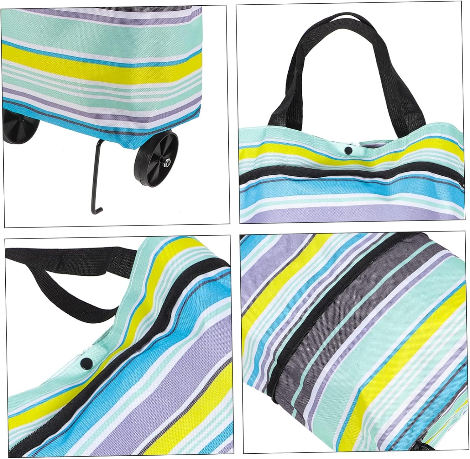 Collapsible Foldable Trolley Bag with Wheels Adjustable Handle Reusable Grocery Shopping Cart Storage for Laundry Fruits Vegetables Portable Foldable Shopping Tote Blue Stripe - Image 8