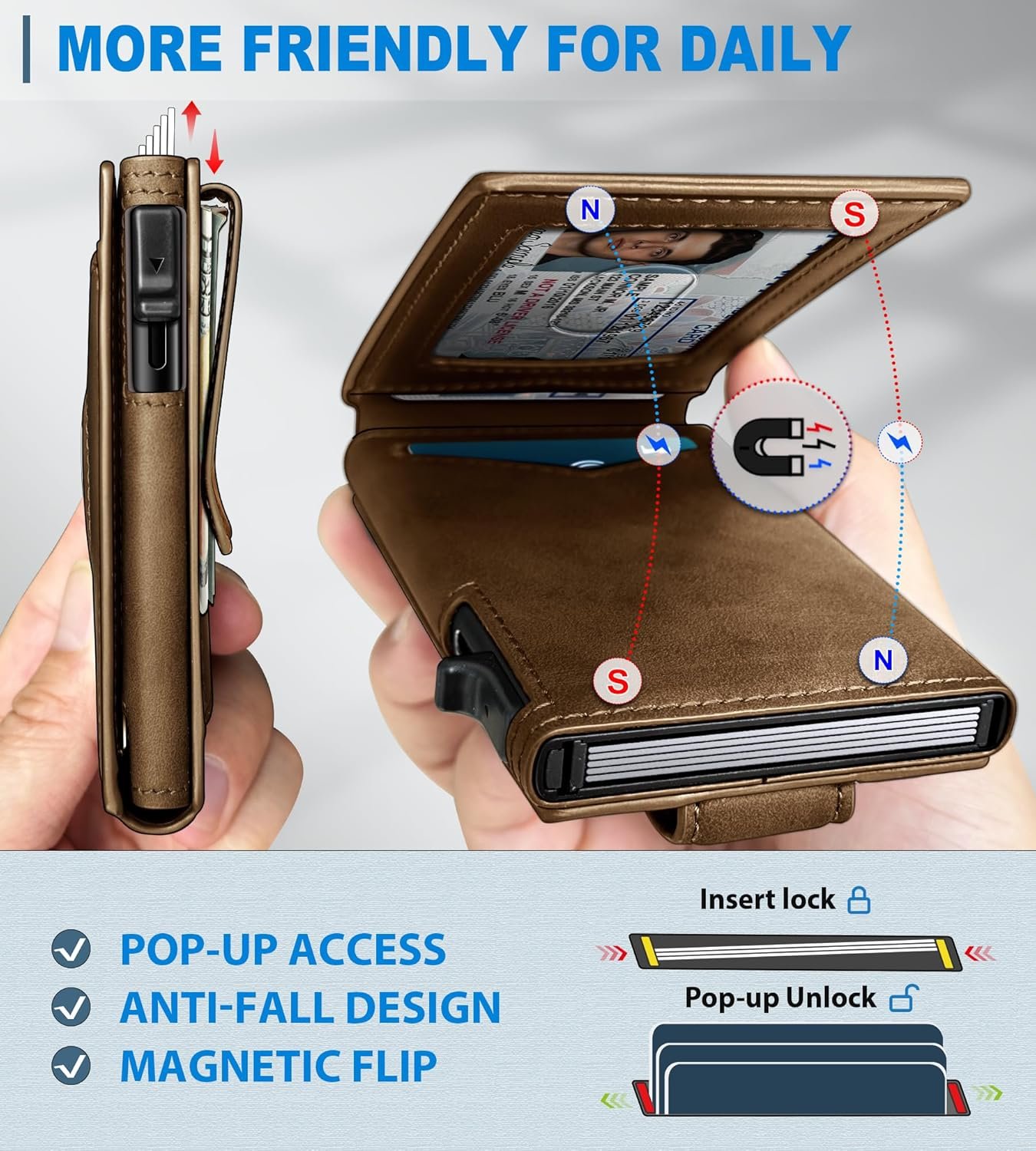 Airtag Wallet for Men,with Money Clip Gift Boxed,Slim Front Pocket Wallet RFID Blocking Metal Case Smart Pop-up Credit Card Holder in Magnetic Leather Flip - Image 3