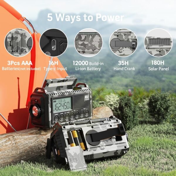 Mesqool Emergency Radio AM/FM/SW/NOAA Weather Radio, 12000 Battery Powered Rechargeable Hand Crank Solar Radio Flashlight Cell Phone Charger, SOS, Including Type-C Adapter Cord - Image 5