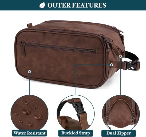 PAVILIA Toiletry Bag for Men Women, Mens Travel Bag Toiletries Organizer Case for Grooming, Travel Essentials Shaving Dopp Kit, PU Leather Water Resistant Cosmetic Pouch, Dark Brown - Image 5
