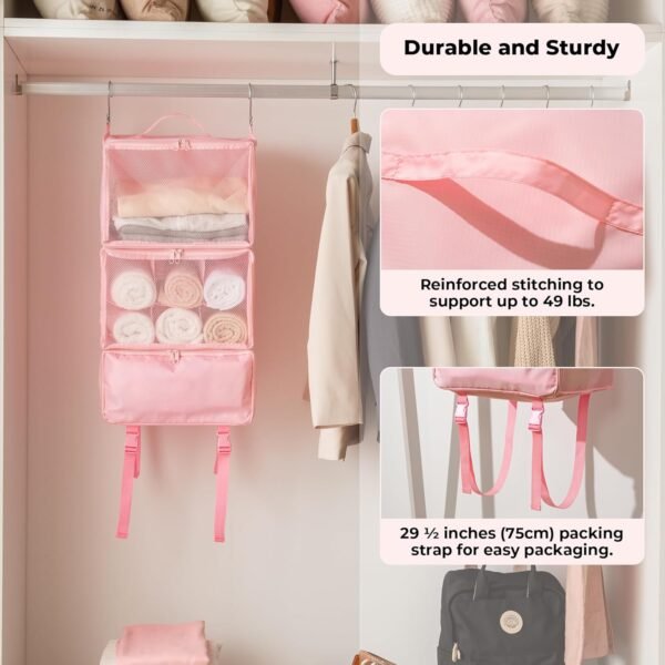 GRANNY SAYS Hanging Packing Cubes for Travel, Large Portable Hanging Suitcase Organizer, Foldable Compression Luggage Organizer Bags for Clothes, Carry on Closet Suitcase, XL-Pink Travel Shelves - Image 7