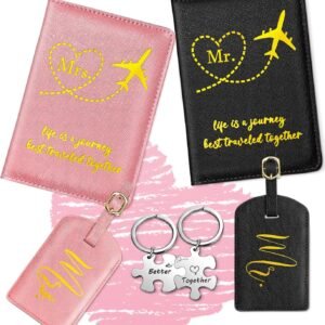 Slohif Mr. and Mrs. Passport Holder Lugguage Tag Set for Travel – Leather Passport Book Personalized Organizer Card Protector Sleeve Suitcase Cover Wallet Case Essentials Slim Carrier Pink Black