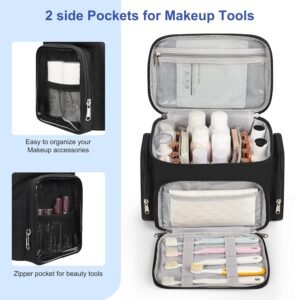 Large Makeup Bag, Travel Toiletry Bag for Women, Lightweight Cosmetic Makeup Bag Organizer with Handle and Clear Side Pockets for Traveling, Accessories, Essentials, Toiletries, Black