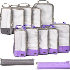 12 Pc Set Compression Packing Cubes – WONGLE His and Hers Family Travel Organizer Compressible Packing Cubes for Suitcases, Luggage Organizer Bags, Travel Accessories, Shoe Bag (Purple/Grey)