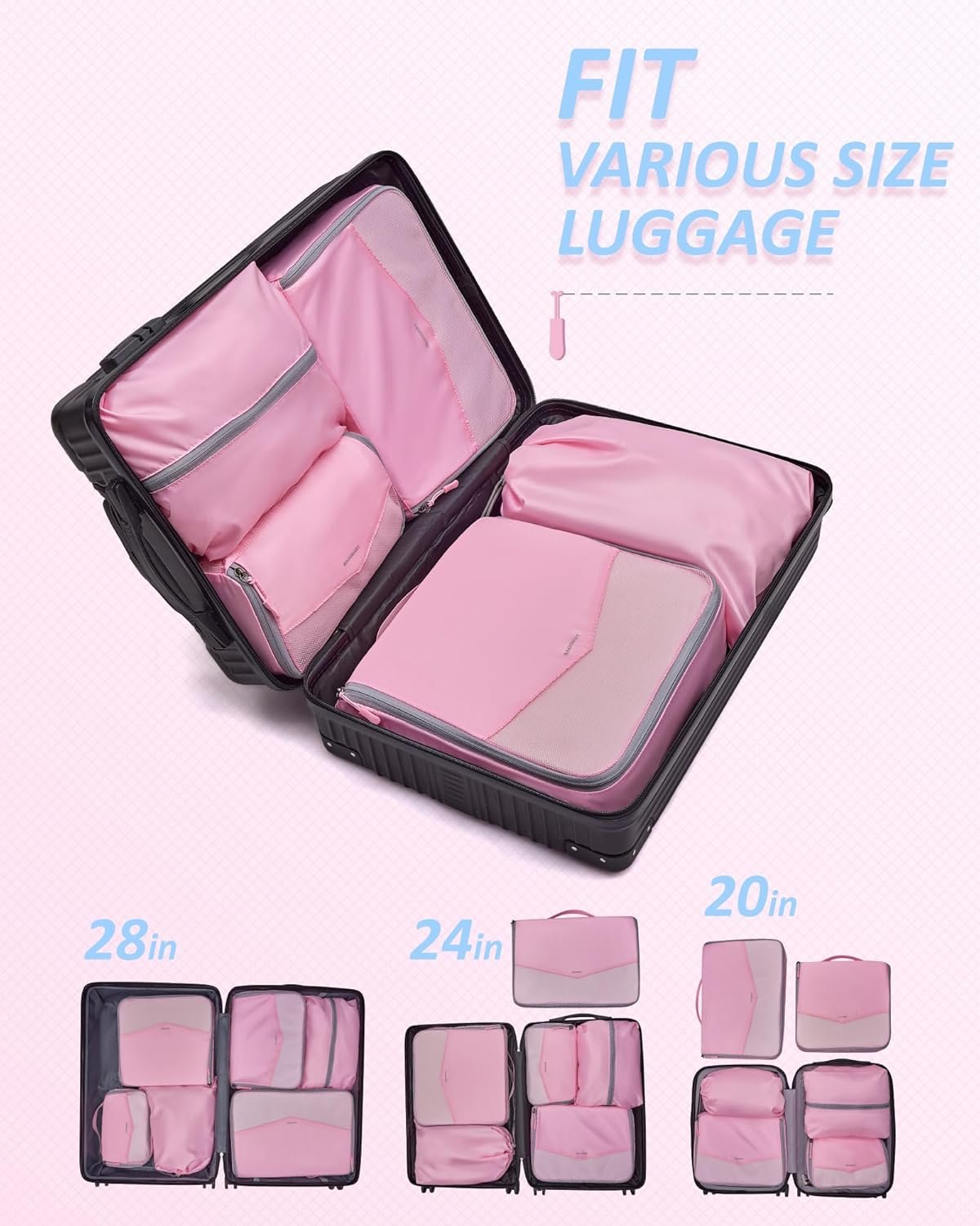BAGSMART Packing Cubes for Travel, 6 Set Lightweight Travel Packing Cubes for Suitcases, Suitcases Organizer & Travel Cubes for Packing Baby Pink, BM0104022 - Image 2