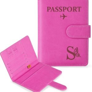 COSHAYSOO Initial RFID Passport Holder for Travel Women Passports Cover Case Air Essentials Airplane Flight Accessories Airline Plane Flying Must Haves Christmas Gift Butterfly Letter Hot Pink S