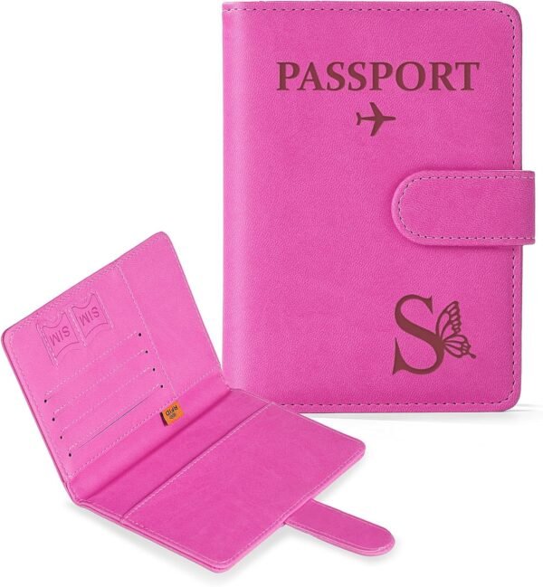 COSHAYSOO Initial RFID Passport Holder for Travel Women Passports Cover Case Air Essentials Airplane Flight Accessories Airline Plane Flying Must Haves Christmas Gift Butterfly Letter Hot Pink S