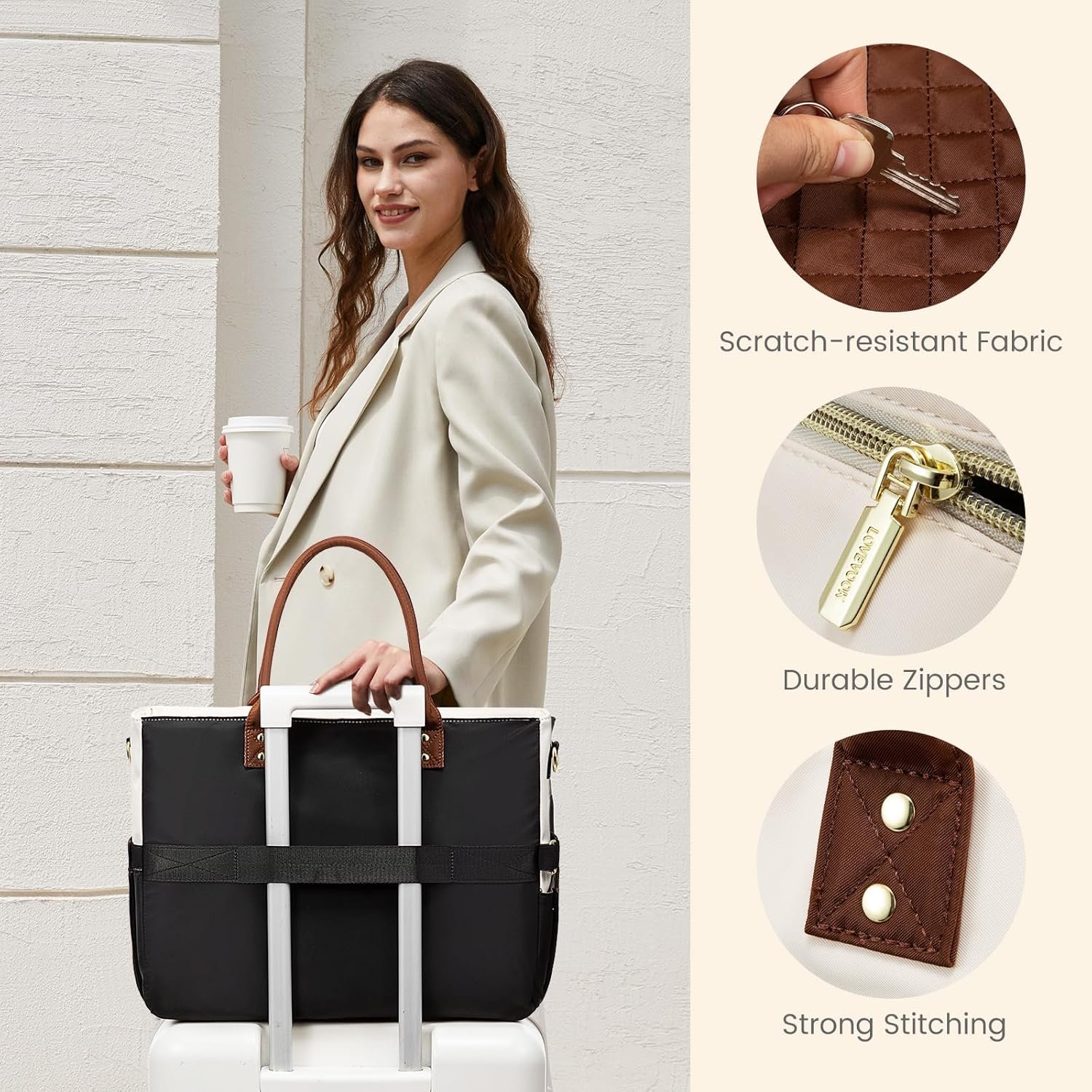 LOVEVOOK Teacher Tote Bag for Women Work, Laptop Bag With Large Cup Holder, Nurse Bags Professional Briefcase Business Computer Purses Handbag, Black-Beige-Brown, 15.6 Inch - Image 5