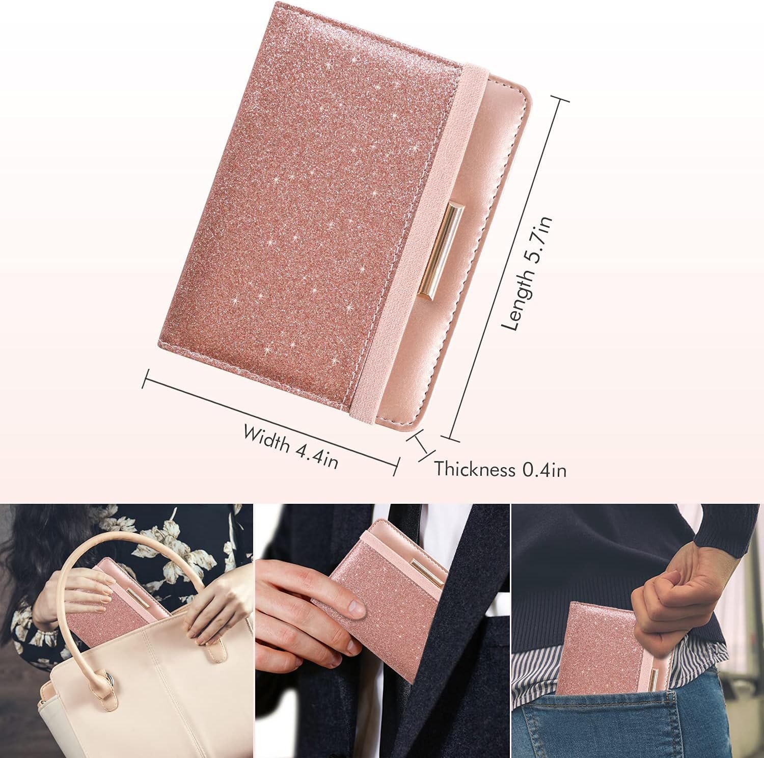 Caweet Passport Holder and Vaccine Card Holder Combo RFID Blocking Leather Vaccination Card Wallet with Elastic Band Closure, Glitter Rose Gold - Image 4