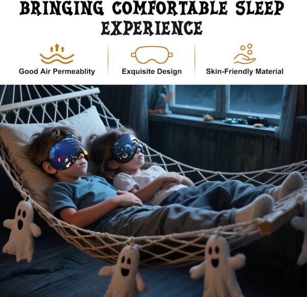 2 Pcs Sleep Eye Mask Halloween Pumpkin Wizard Bat Eye Mask with Adjustable Strap Spooky Black Cat Eye Cover Soft Lightweight Blindfold for Kid Teen Men Women Home Travel Yoga Nap Blindfold Game - Image 5