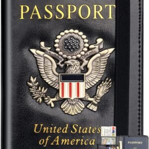 Herain Passport Holder Wallet Cover Case for Men Women Family, Metal US Badge Passport Book Holers with RFID Blocking, Travel Essentials Cruise Must Haves