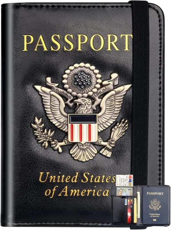 Herain Passport Holder Wallet Cover Case for Men Women Family, Metal US Badge Passport Book Holers with RFID Blocking, Travel Essentials Cruise Must Haves