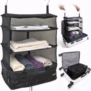 Grand Fusion Stow-N-Go Travel Luggage Organizer – Portable Hanging Travel Shelves, Carry-On Closet Organizer, Hanging Packing Cubes, Collapsible Carry-On Organizer for Cruises & Hotels. Black – XL