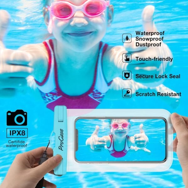 ProCase Waterproof Phone Pouch for iPhone 16 15 14 13 12 11 Pro Plus Max Mini Xs XR X 8 7 Galaxy S23 S22 S21 Ultra Note, Blue Green Pink Yellow | 4 Pack, Dry Bag, Underwater Case, up to 7" - Image 5