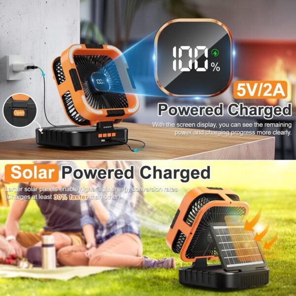 Portable Camping Fan with Solar Panel, 10000mAh Solar Powered fan, 6 Speed Levels, 120° Oscillation, 3 Light Modes, 6H Timer, Handle, Foldable Rechargeable Outdoor Fan for Tent, Hiking, Beach - Image 2