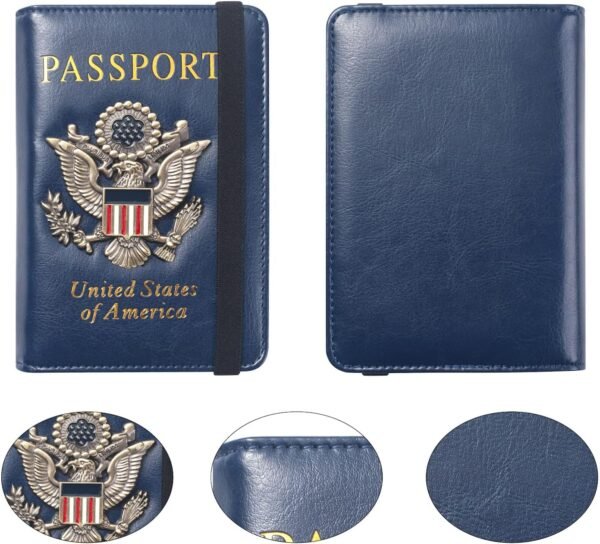 Passport Holder for Travel Passport Cover for Men Passport Wallet Case With 3D Metal Badge Protector Leather Card Case RFID Blocking Women Travel Accessories Document Organizer (Navy Blue) - Image 3