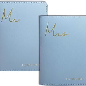 Mr&Mrs Gifts Matching Passport Covers for Mr and Mrs, Gold Foil Logo, Dual PU Leather with Card Pockets, Honeymoon Travel Essentials Gift for Newlyweds(MM Light Blue)