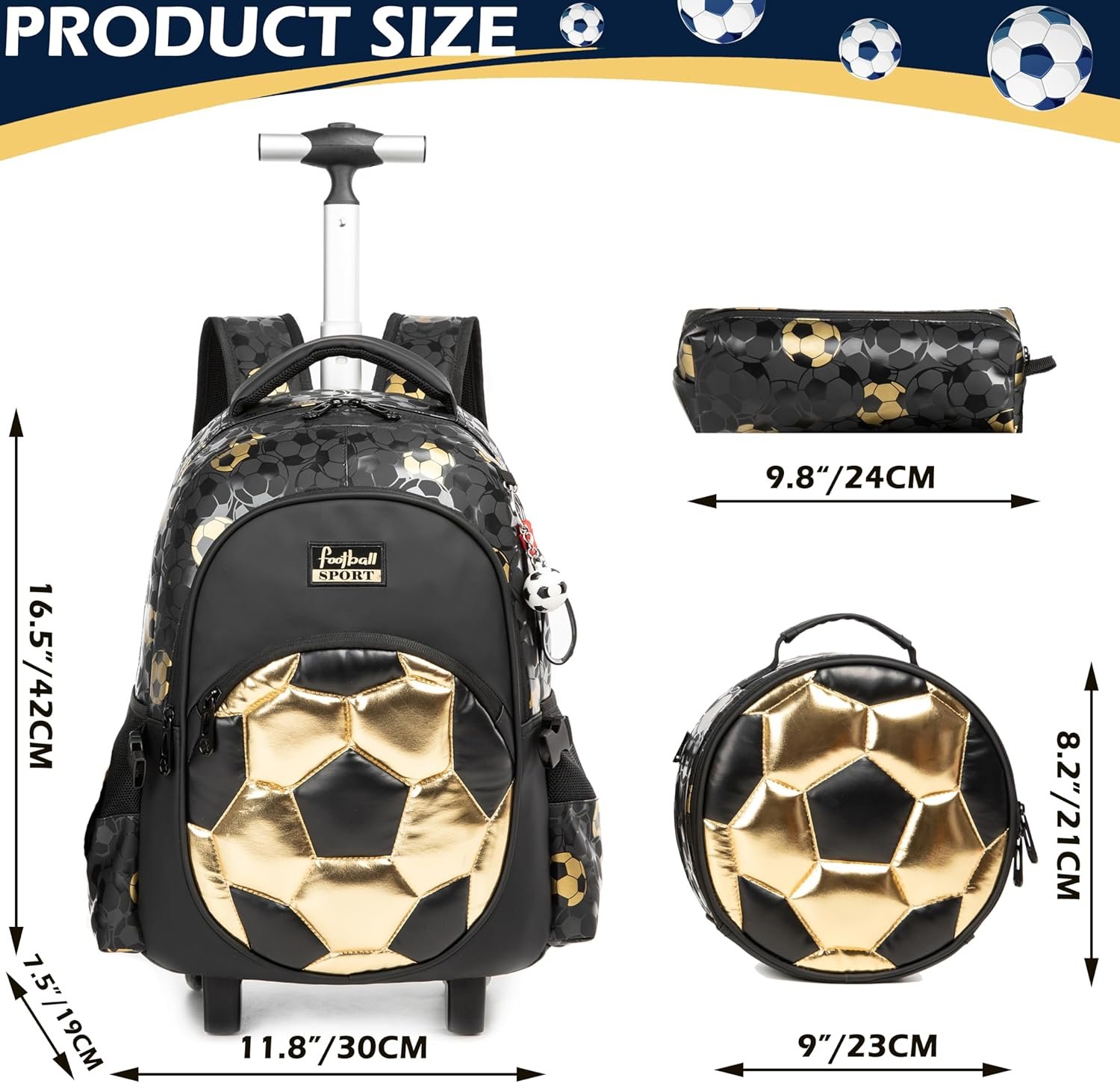 Kids Rolling Backpack Roller Backpack with Wheels Elementary Kindergarten School Students Football Trolley School Bag for School Boys - Image 2