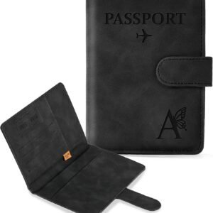 COSHAYSOO Initial RFID Passport Cover for Women Passports Book Holder Case Air Travel Essentials Airplane Flight Accessories Airline Plane Flying Must Haves Traveler Gifts Butterfly Letter Black A