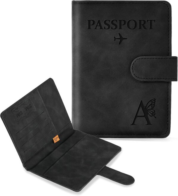 COSHAYSOO Initial RFID Passport Cover for Women Passports Book Holder Case Air Travel Essentials Airplane Flight Accessories Airline Plane Flying Must Haves Traveler Gifts Butterfly Letter Black A