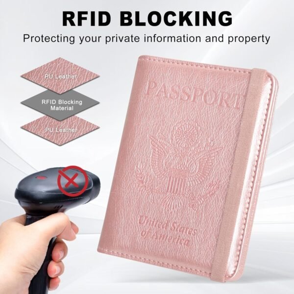 ACdream RFID BLOCKING Passport Holder Travel Wallet, Premium PU Leather Cover Passport Book with Card Holder, Pen Holder, Keep Organization, and Travel Essentials for Women and Men, Rose Gold - Image 2