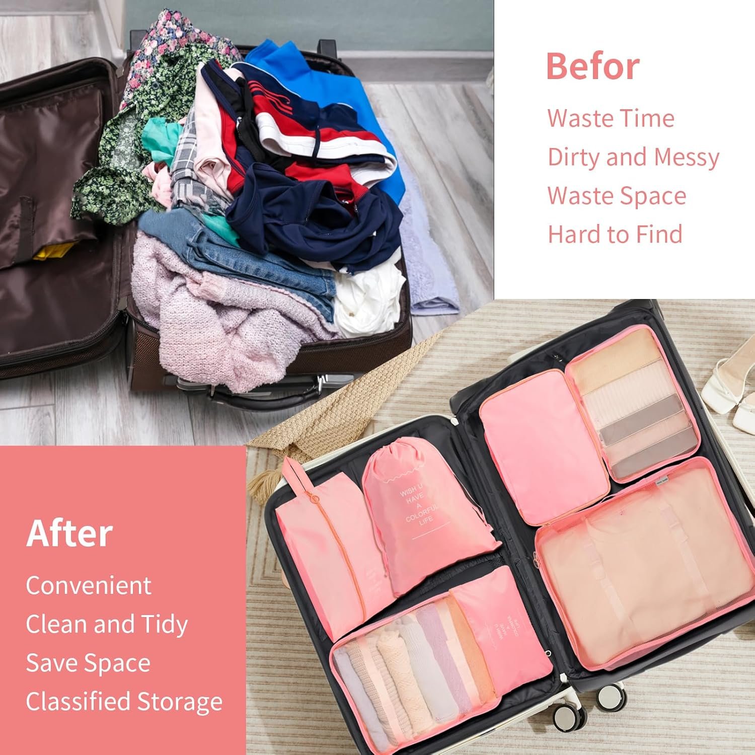 7PCS Packing Cubes for Suitcases, Travel Luggage Organizer Bags, Suitcase Organizer Bags Set for Carry on Luggage Travel Essentials, Pink - Image 6