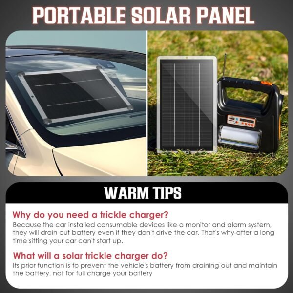 Saillong 12V Solar Car Battery Charger Maintainer, Waterproof Solar Panel Portable Solar Trickle Charger with Cigarette Lighter Plug Alligator Clip for Car Motorcycle Boat Marine RV(2.5W) - Image 4