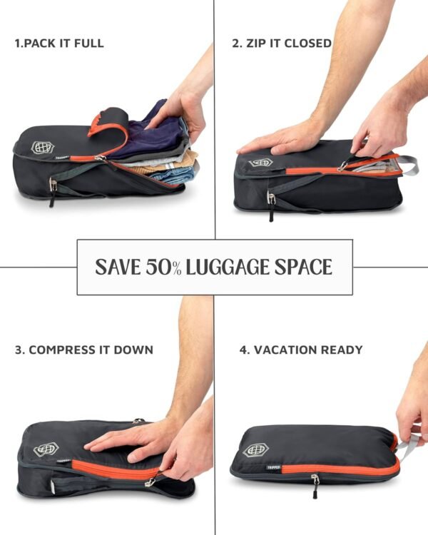 Large Compression Packing Cubes 6 Piece Set for Travel with Lightweight Laundry Bag/Drawstring Backpack for Carry-On Suitcase (Grey/Orange) - Image 5