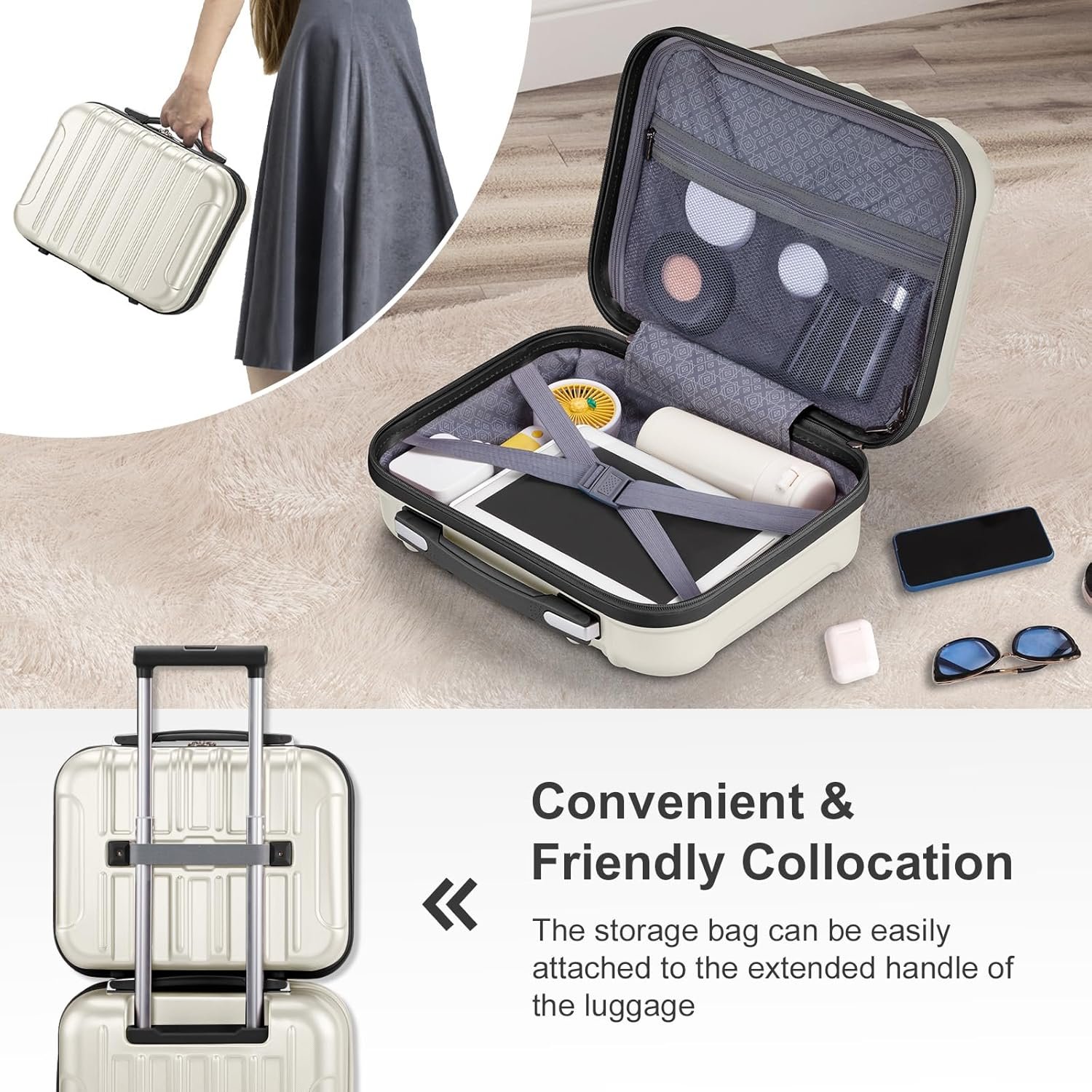 Karl home Expandable Carry on Luggage Airline Approved, 2 Piece Hardshell Luggage Set with TSA Lock & Spinner Wheels, 20" Hardside Suitcase with 14" Cosmetic Case for Women Men Traveling, White - Image 5