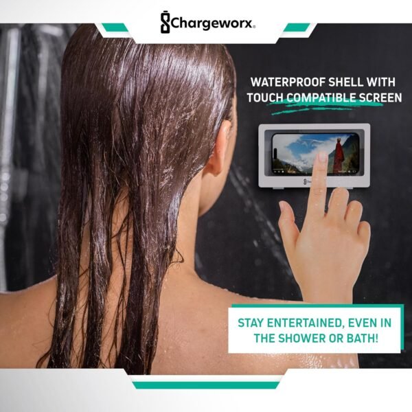 CHARGEWORX Portable Waterproof Shower Phone Holder, Wall-Mountable Smartphone Holder for Bathroom or Kitchen, Touchscreen-Enabled, Anti-Fog Design, Universally Compatible - Image 6