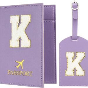 PATIKIL Passport Holder for Travel, Initial Passport Cover and Luggage Tag Set with Alphabet Chenille Letter Patch Travel Wallet Bag Suitcase Identifier for Women Family Travel Purple K
