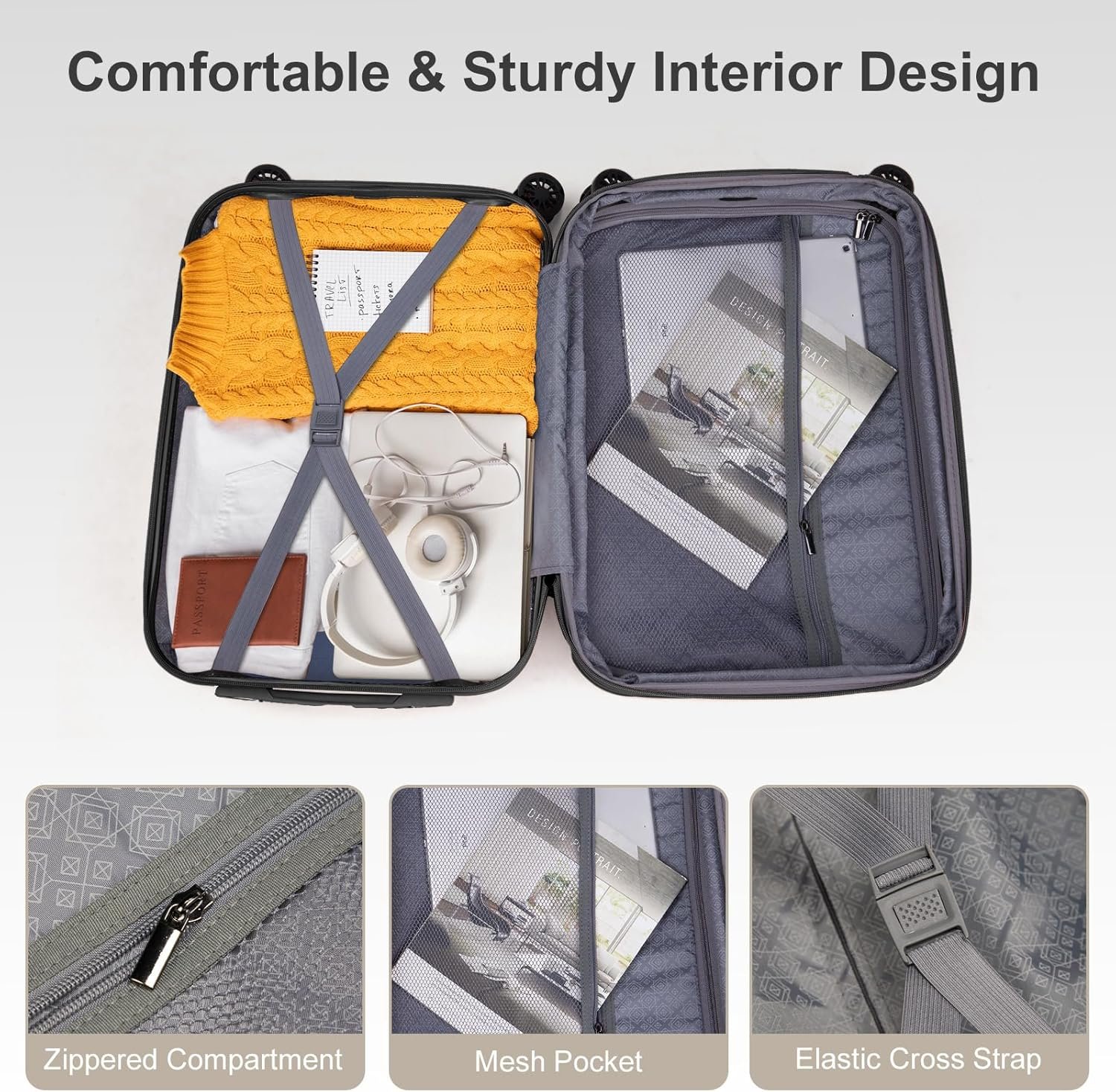 Karl home Expandable Carry on Luggage Airline Approved, 2 Piece Hardshell Luggage Set with TSA Lock & Spinner Wheels, 20" Hardside Suitcase with 14" Cosmetic Case for Women Men Traveling, White - Image 9