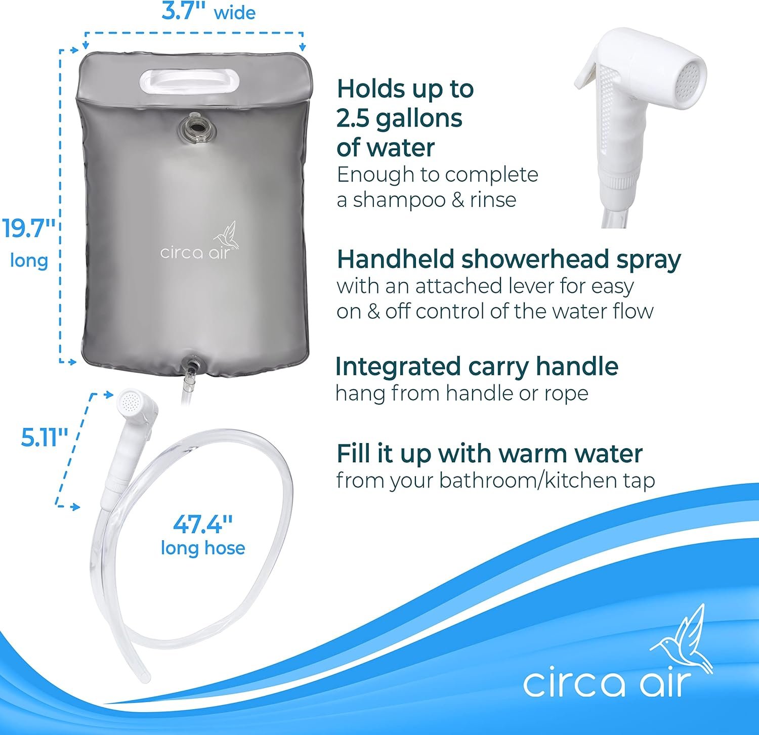 CIRCA AIR Bedside Shower - 2.5 GL Silver Portable Water Shower Bag For Hair Washing In Bed. Use With Inflatable Hair Washing Basin, Shampoo Basin, Bathtub For Elderly - Image 3