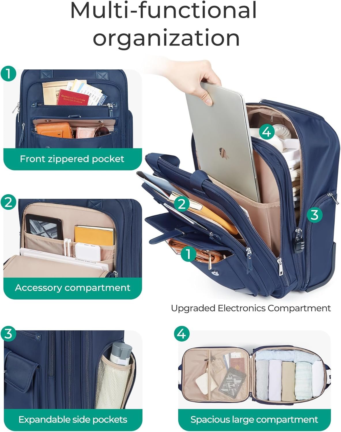 BAGSMART Carry on Luggage with Wheels, 16-inch Underseat Travel Suitcase Airline approved, Lightweight Softside Carry-on Luggage for Airplanes Women Overnight Rolling Bags for Short Trip, Navy Blue - Image 4