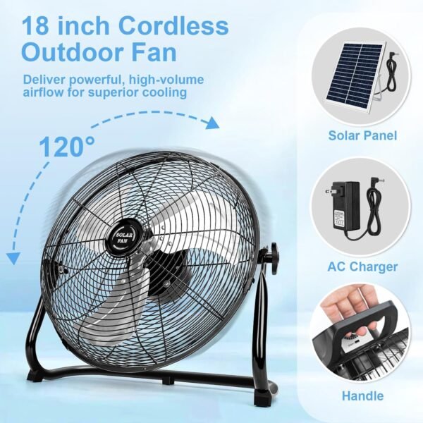18" Solar Powered Fan for Outdoor - 26400mAh Rechargeable Battery Operated Outdoor Floor Fans with 40W Solar Panel for Gazebo Camping Home Patio - Image 7
