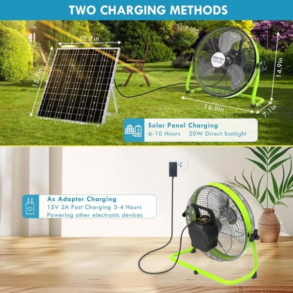xingruyu 14 Inch Rechargeable Solar Powered Fan with Solar Panel Powered and AC Charger Dual Input, Solar fan for Household Camping Fishing Outdoors 360° Tilt, Portable Rechargable Fan - Image 2