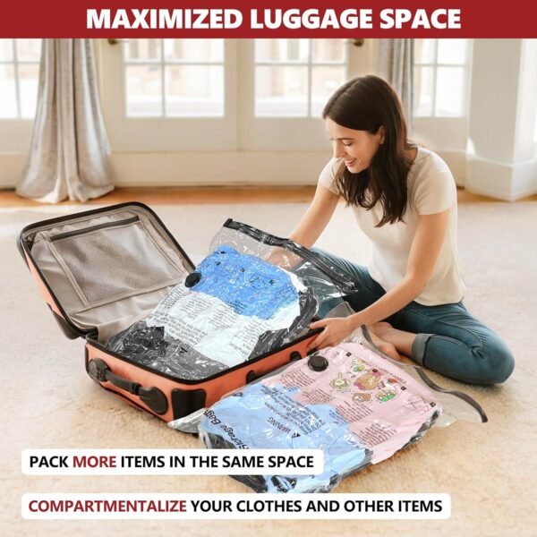 SUOCO Travel Vacuum Bags for Luggage with Portable Electric Pump, 8 Small Packing Seal Bags for Clothing Suitcase Backpack, Space Saver Compression Clothes Storage Bag - Image 5