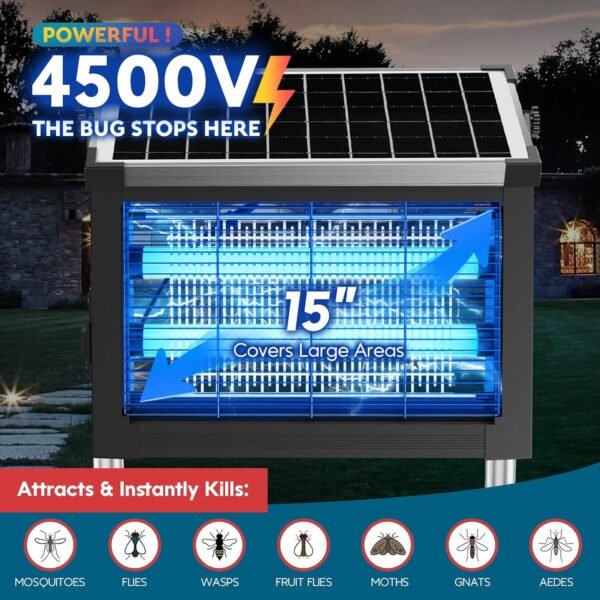 Solar Bug Zapper Outdoor, PhatroyYee Mosquito Zapper 4500V, Waterproof Portable Fly Zapper, Rechargeable Electric Mosquito Killer, Cordless Fly Insect Mosquitos Trap for Patio Yard Home Garden Camping - Image 4