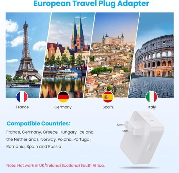 European Travel Plug Adapter, 45W International Power Plug With 2 AC Outlets, 1 USB-C and 3 USB-A Ports, 6-in-1 Type C Power Adapter Charger for US to Most of Europe EU Spain Italy France Germany - Image 2