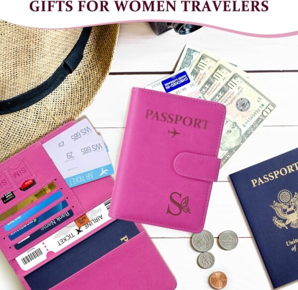 COSHAYSOO Initial RFID Passport Holder for Travel Women Passports Cover Case Air Essentials Airplane Flight Accessories Airline Plane Flying Must Haves Christmas Gift Butterfly Letter Hot Pink S - Image 6