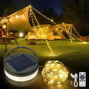 SMY Lighting 4 in 1 Solar Camping String Lights, 72.2Ft Ultra Long String with 220LEDs, Solar Powered and USB Rechargeable Light with Remote Control, Portable Camping Light for Hiking, Decorations
