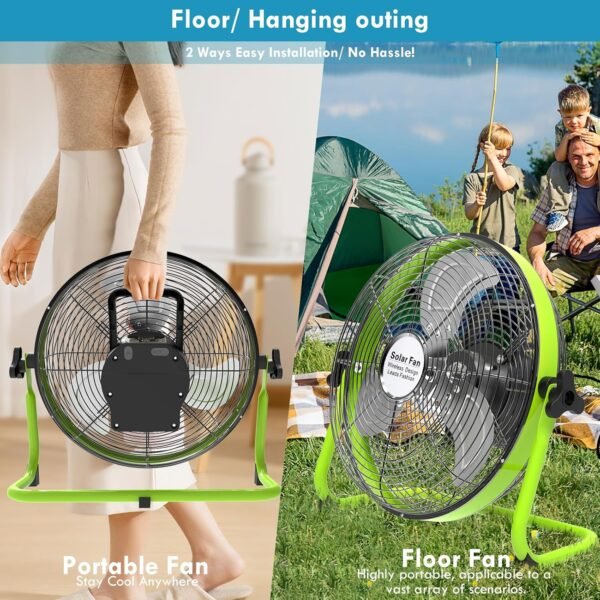 xingruyu 14 Inch Rechargeable Solar Powered Fan with Solar Panel Powered and AC Charger Dual Input, Solar fan for Household Camping Fishing Outdoors 360° Tilt, Portable Rechargable Fan - Image 6