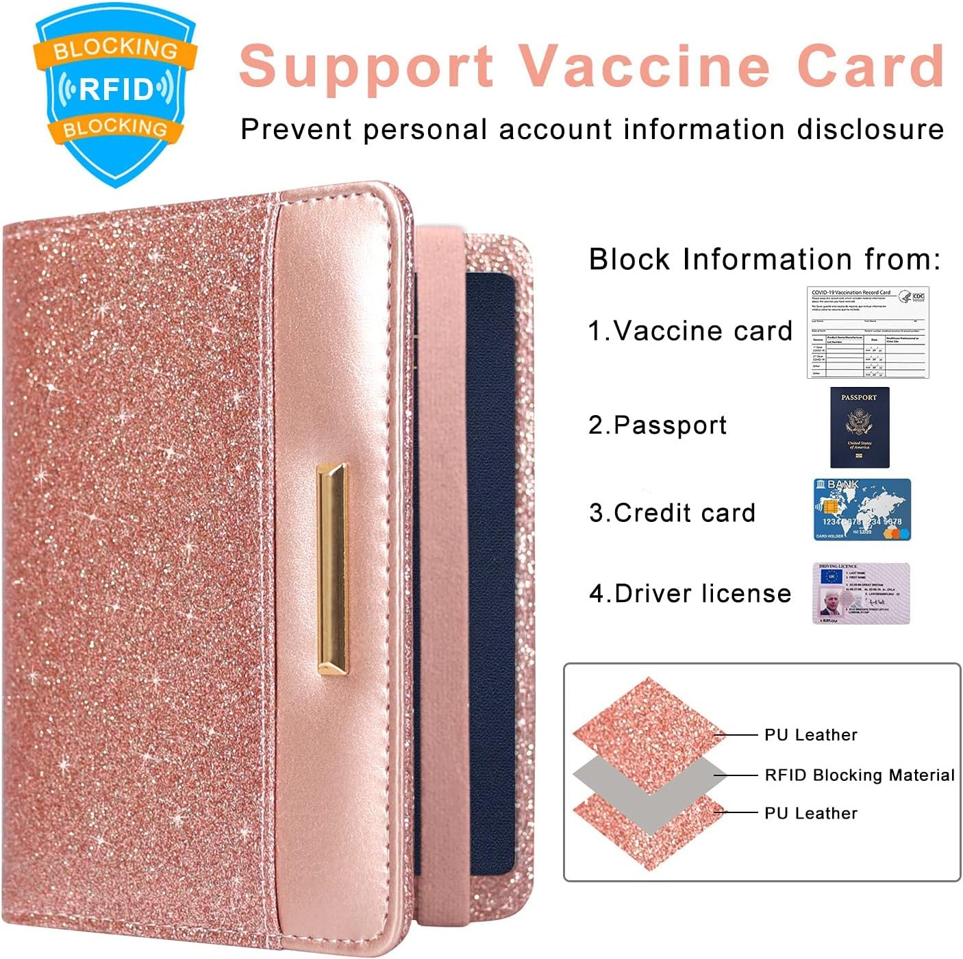 Caweet Passport Holder and Vaccine Card Holder Combo RFID Blocking Leather Vaccination Card Wallet with Elastic Band Closure, Glitter Rose Gold - Image 3