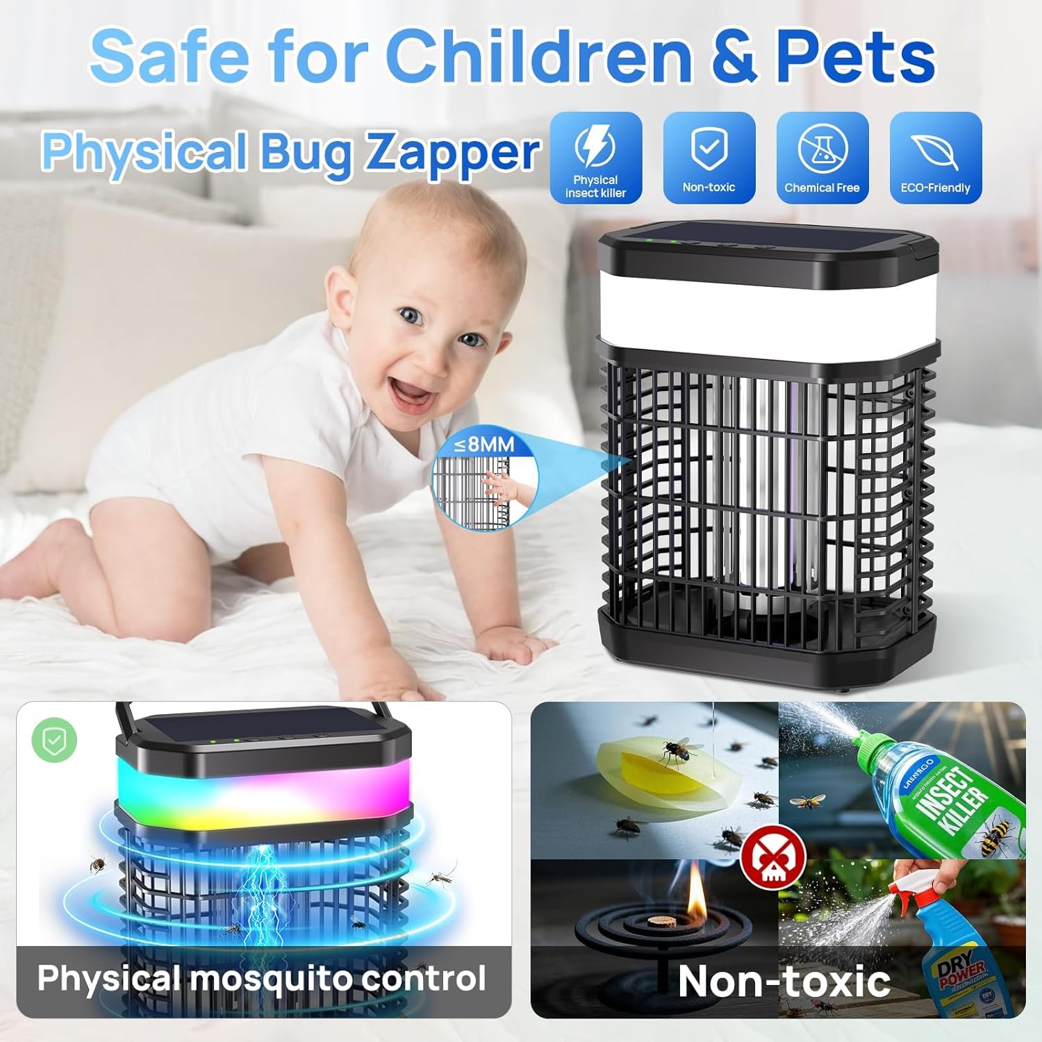 Solar Bug Zapper Outdoor 4000V Mosquito Zapper Solar 2IN1 Bug Repellent Outdoor Patio with 5500mAh Battery&LED,Electric Fly Zapper with Hook,Cordless&Rechargeable Mosquito Repellent for Patio Camping - Image 5