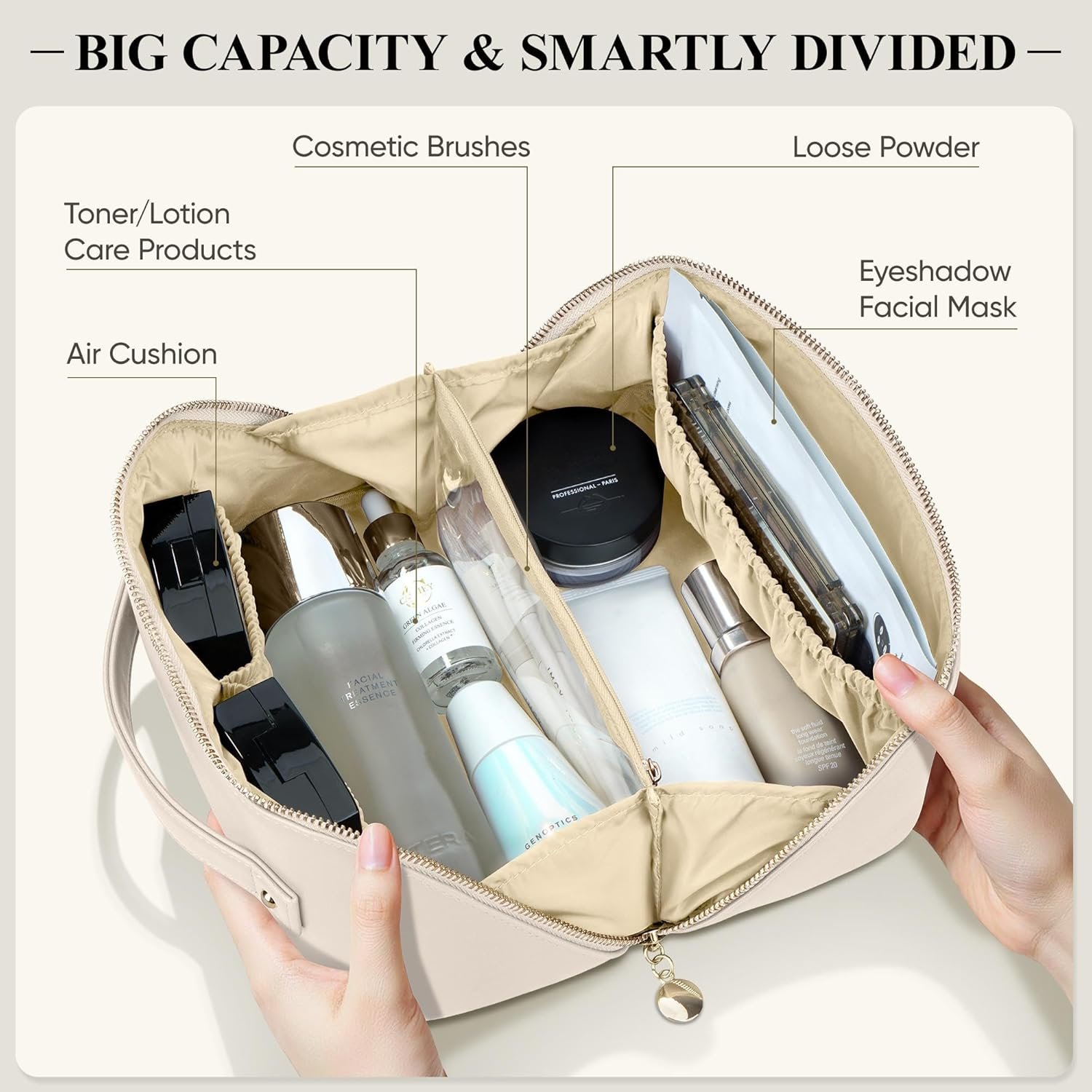 Travel Makeup Bag, Large Capacity Cosmetic Bags for Women, Waterproof Portable Pouch Open Flat Make up Organizer Bag with Dividers and Handle, Toiletry Bag for Essentials, Beige - Image 2