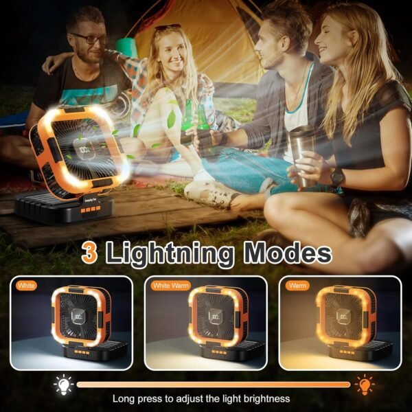Portable Camping Fan with Solar Panel, 10000mAh Solar Powered fan, 6 Speed Levels, 120° Oscillation, 3 Light Modes, 6H Timer, Handle, Foldable Rechargeable Outdoor Fan for Tent, Hiking, Beach - Image 5