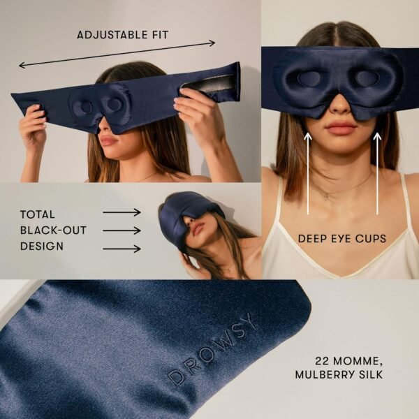 DROWSY Eyelash Protecting Silk Sleep Mask for Natural Lashes & Extensions. Deep Eye Cups, Zero Pressure, Total Blackout, Full Wraparound (Midnight Blue) - Image 4