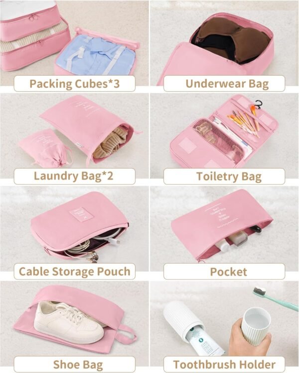 Packing Cubes 11 Set, Suitcase Organizers, Luggage Organizer Bags, Packing Cubes for Travel, with Toiletry Bag, Travel Essentials,Pink - Image 7