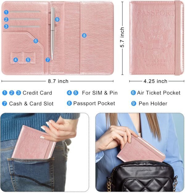 ACdream RFID BLOCKING Passport Holder Travel Wallet, Premium PU Leather Cover Passport Book with Card Holder, Pen Holder, Keep Organization, and Travel Essentials for Women and Men, Rose Gold - Image 3
