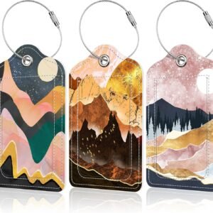 3 Pack Abstract Mountains Luggage Tag for Suitcases Golden Mountains and Moon PU Leather Bag Travel Suitcase ID Identifier Baggage Tags for Women Men Travel